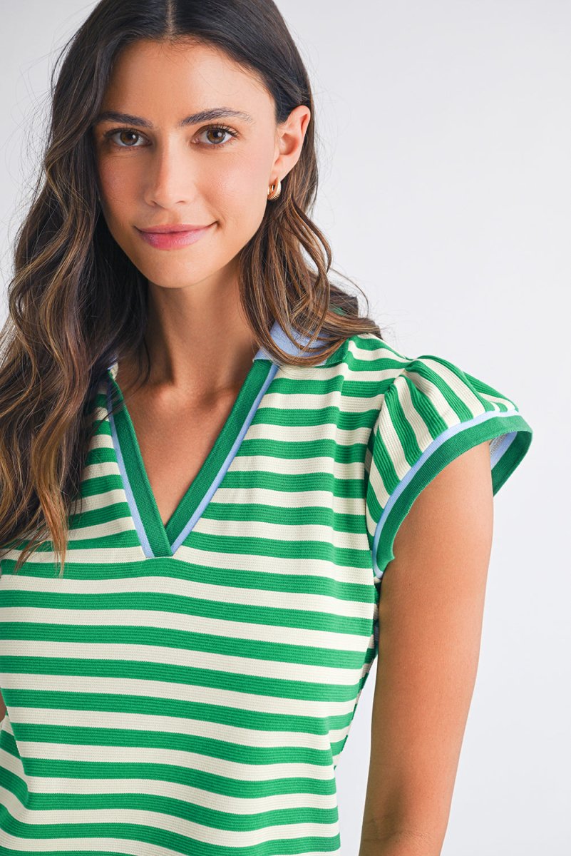 Dark Blue Striped Ruffle Short Sleeve Pop of Color Neckline Dress - Demented Sisters