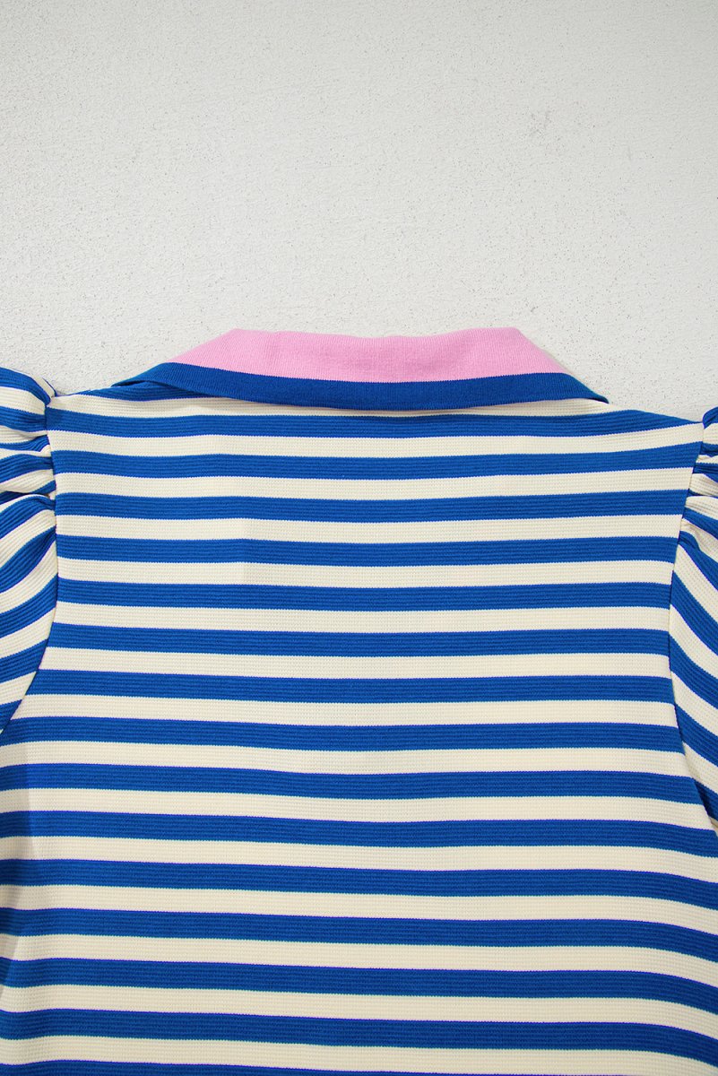 Dark Blue Striped Ruffle Short Sleeve Pop of Color Neckline Dress - Demented Sisters