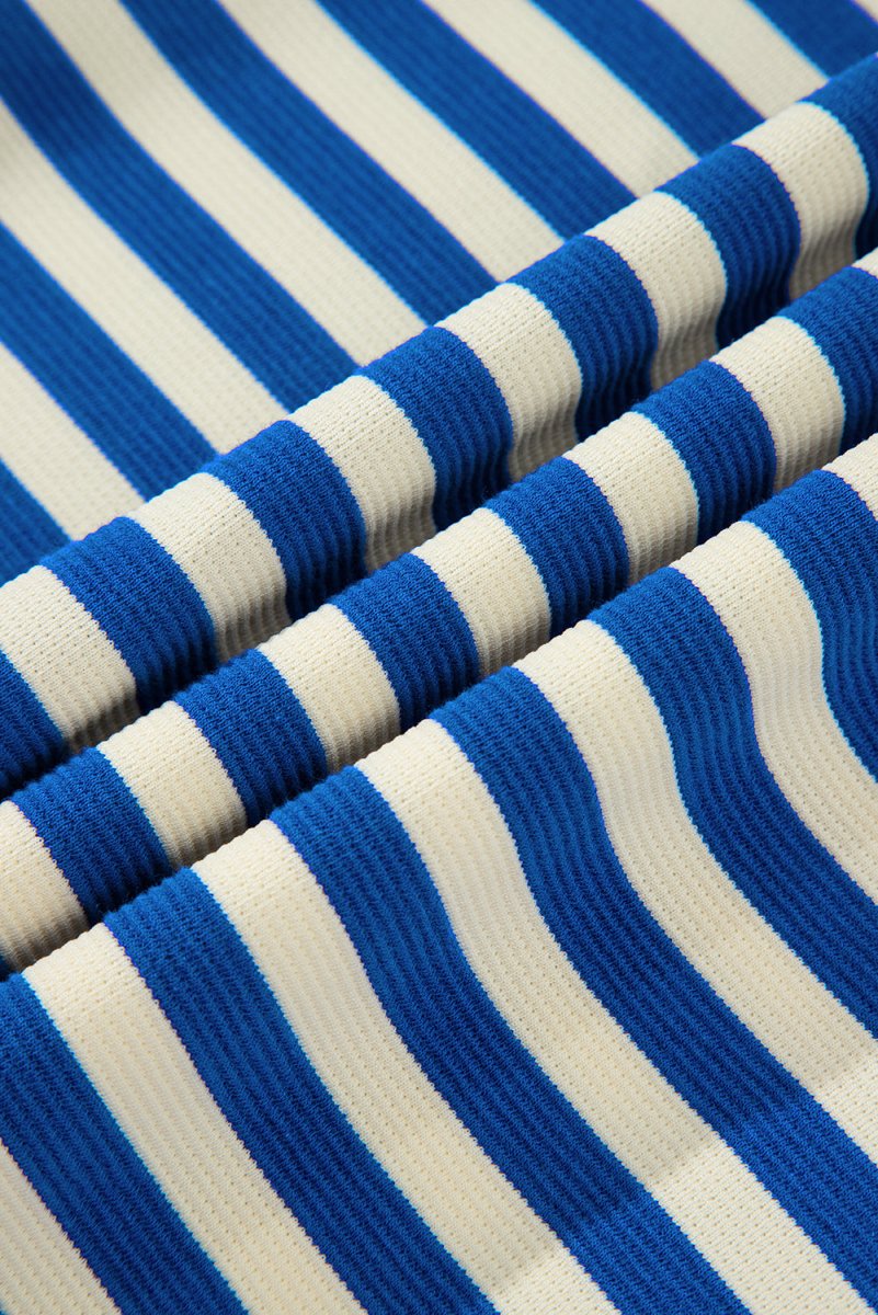 Dark Blue Striped Ruffle Short Sleeve Pop of Color Neckline Dress - Demented Sisters
