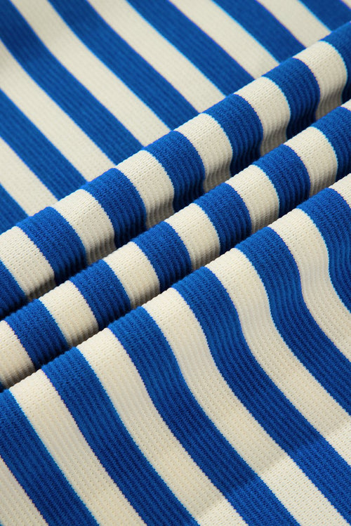 Dark Blue Striped Ruffle Short Sleeve Pop of Color Neckline Dress - Demented Sisters