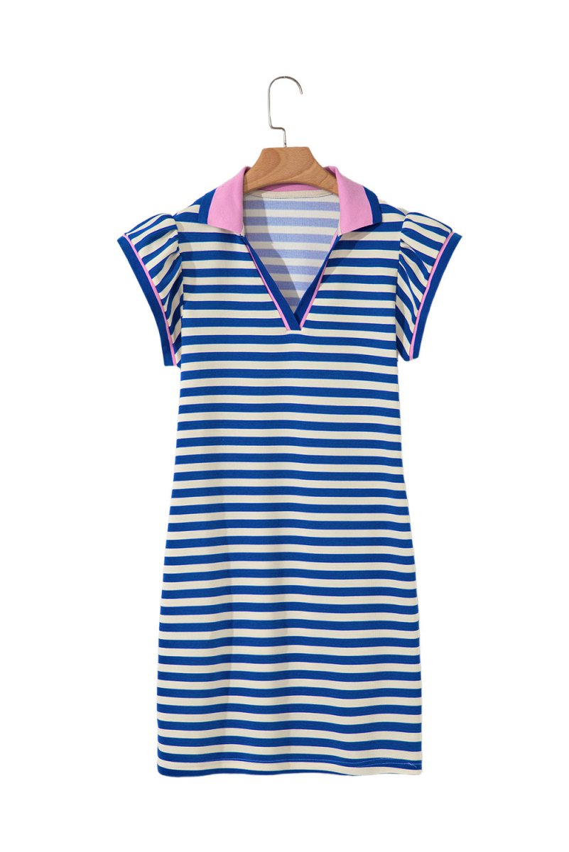Dark Blue Striped Ruffle Short Sleeve Pop of Color Neckline Dress - Demented Sisters
