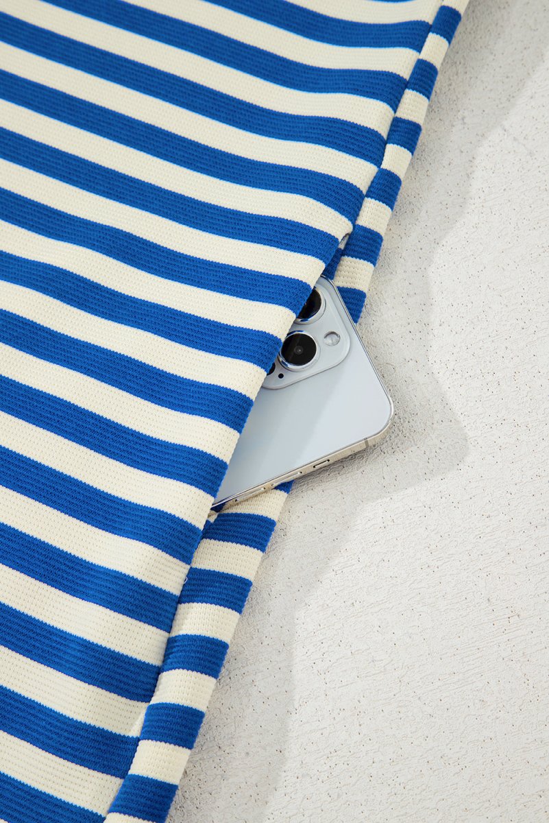 Dark Blue Striped Ruffle Short Sleeve Pop of Color Neckline Dress - Demented Sisters