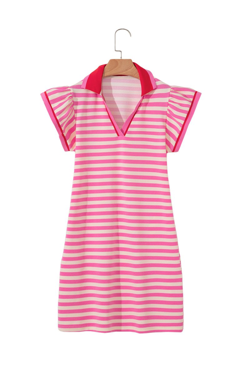 Dark Blue Striped Ruffle Short Sleeve Pop of Color Neckline Dress - Demented Sisters