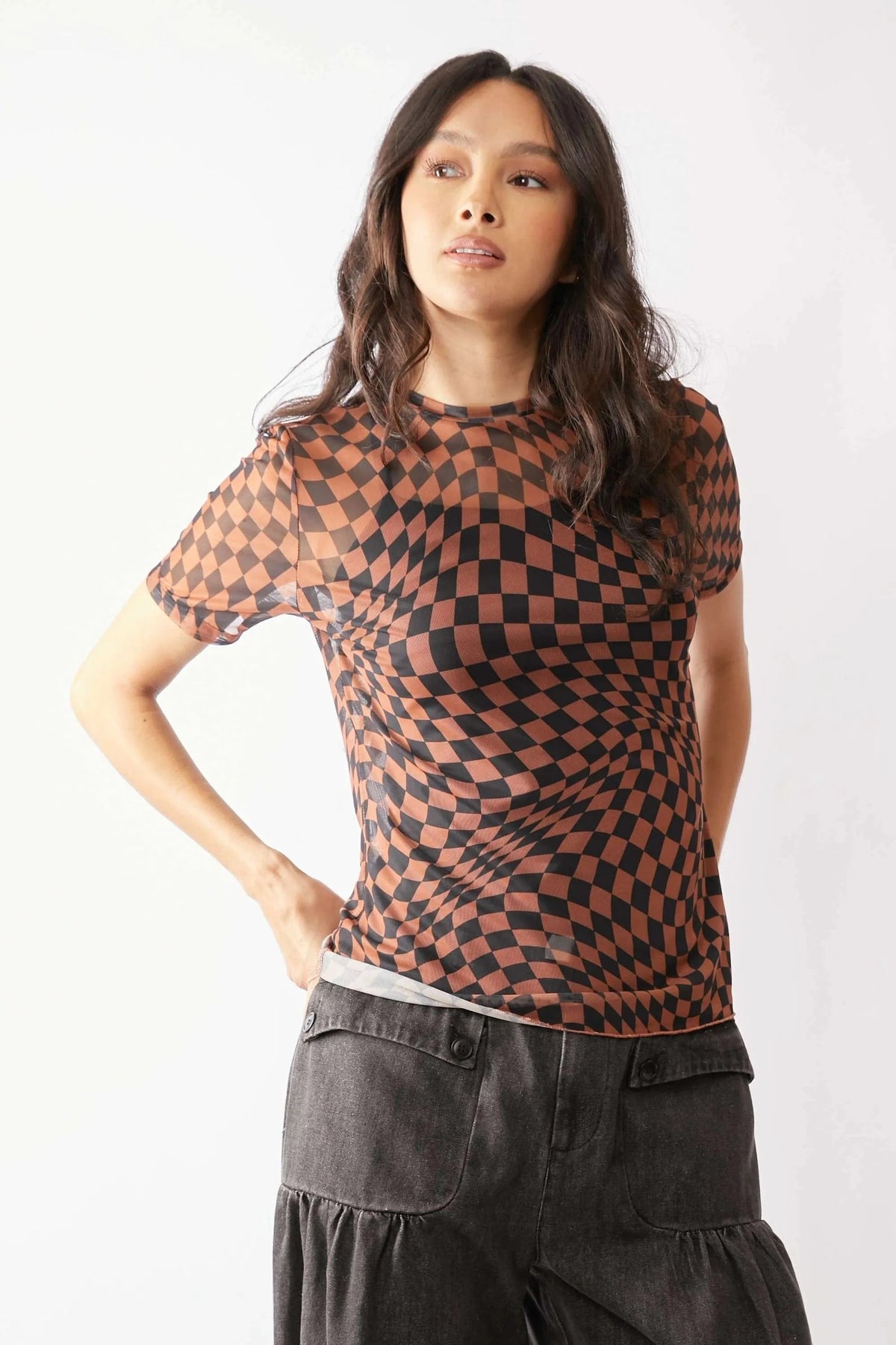 Davi & Dani Checker Board Printed Mesh Short Sleeve Top - Demented Sisters