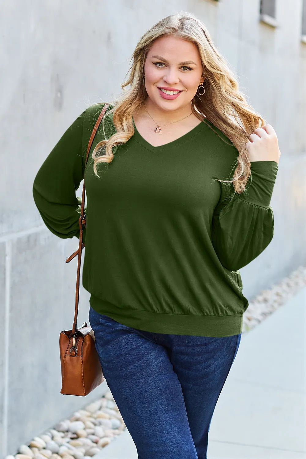 Basic Bae Full Size V - Neck Lantern Sleeve Top - Demented Sisters