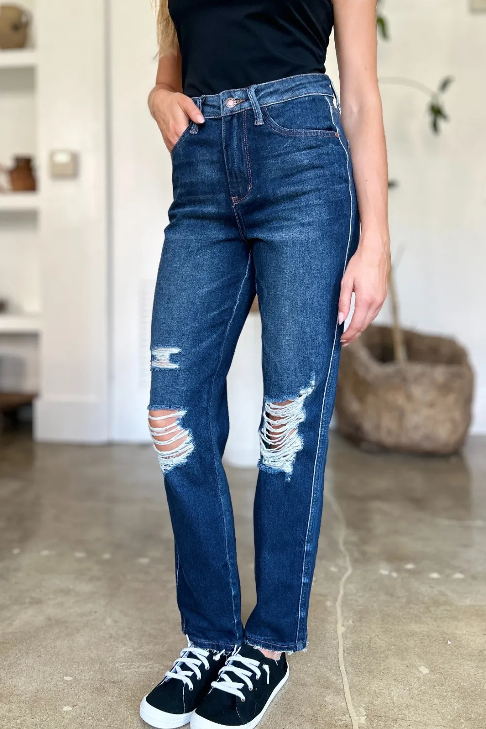 Judy Blue Full Size High Waist Rigid Magic Heavy Destroy Straight Jeans - Demented Sisters