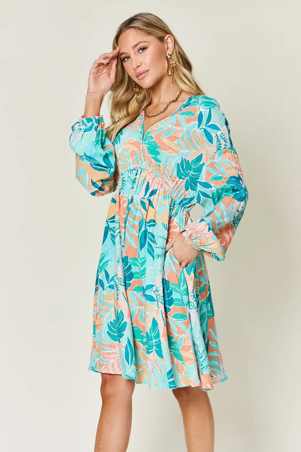 Double Take Full Size Printed V - Neck Drawstring Dress - Demented Sisters