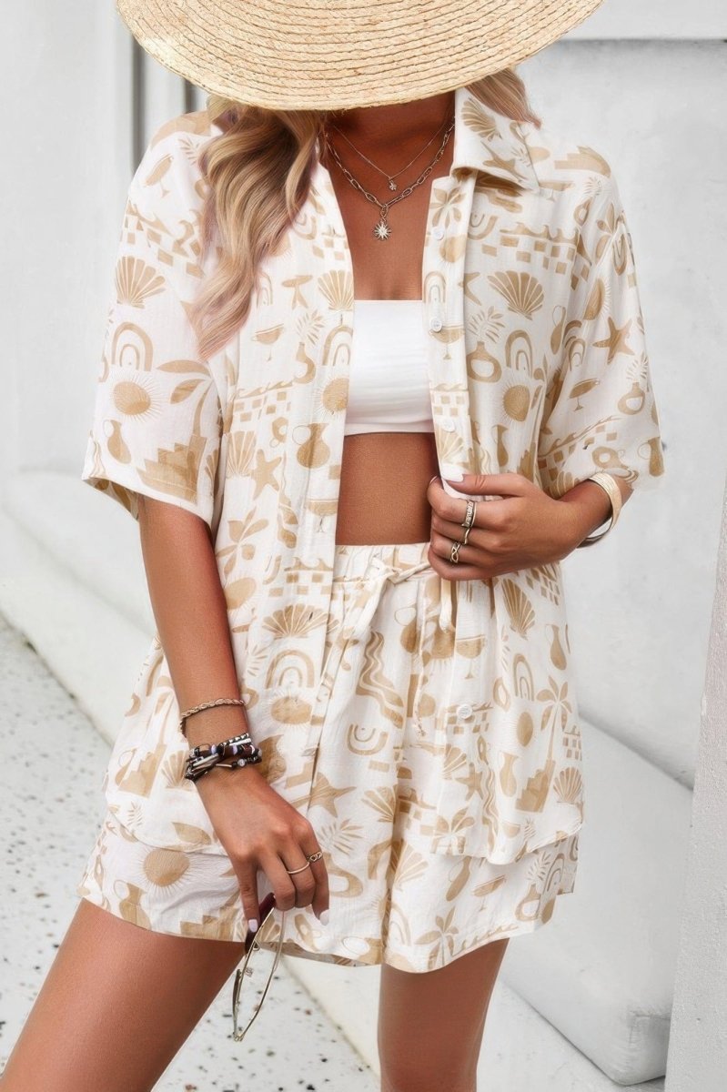 Allover Print Elastic Shorts Two Pieces Button Set - Demented Sisters