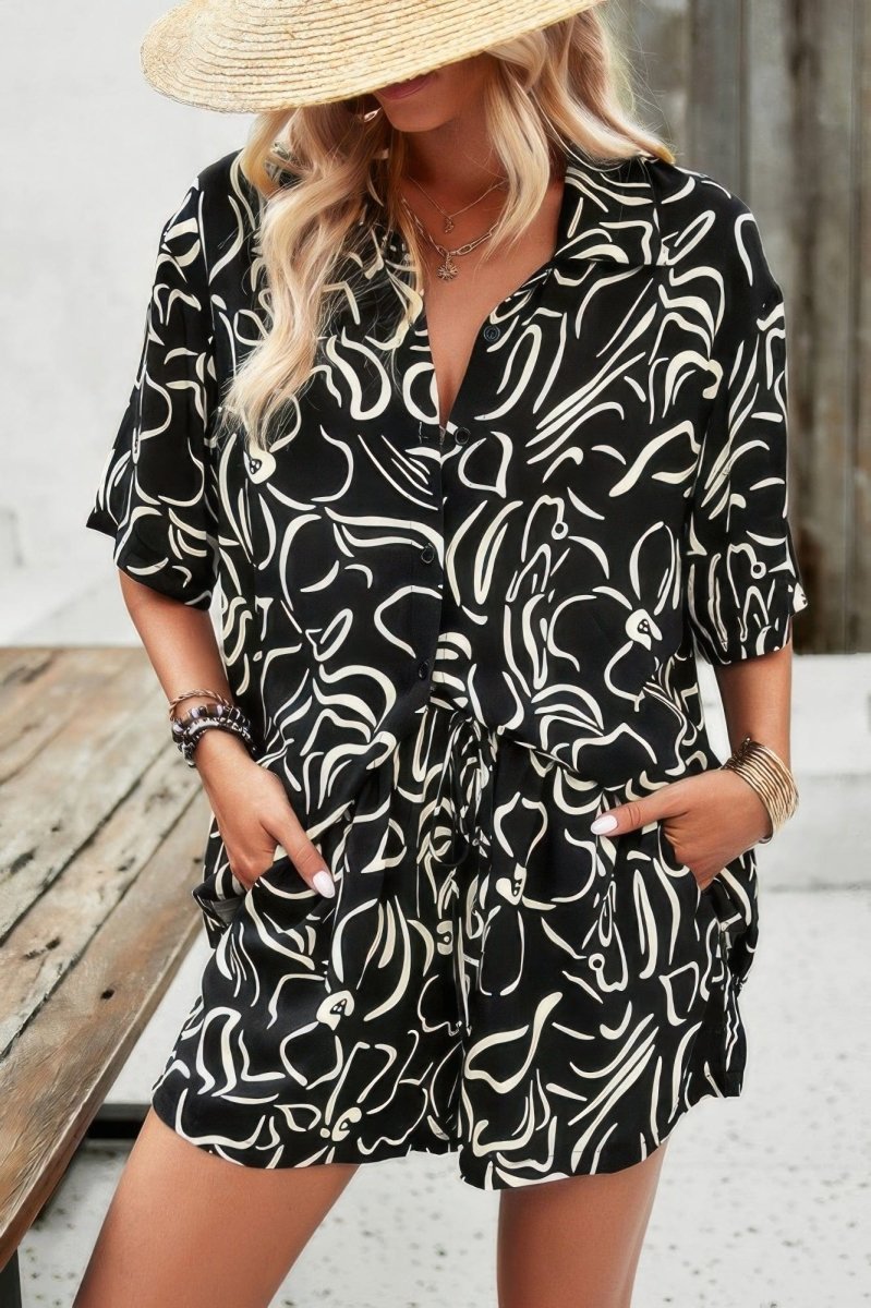 Allover Print Elastic Shorts Two Pieces Button Set - Demented Sisters
