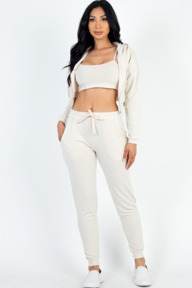 French Terry 3 - Piece Lounge Set with Cropped Cami, Zip Jacket & Joggers - Demented Sisters