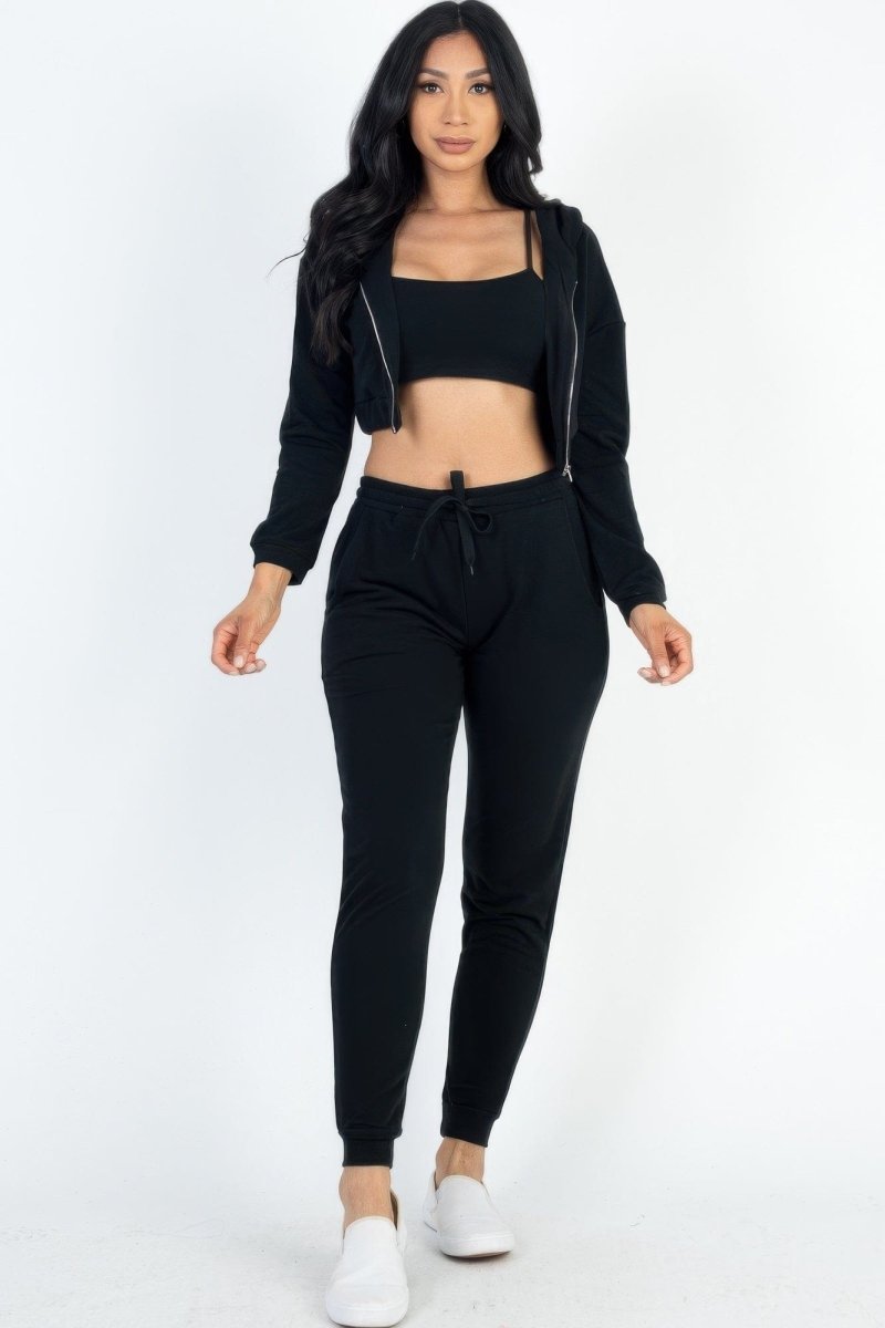 French Terry 3 - Piece Lounge Set with Cropped Cami, Zip Jacket & Joggers - Demented Sisters