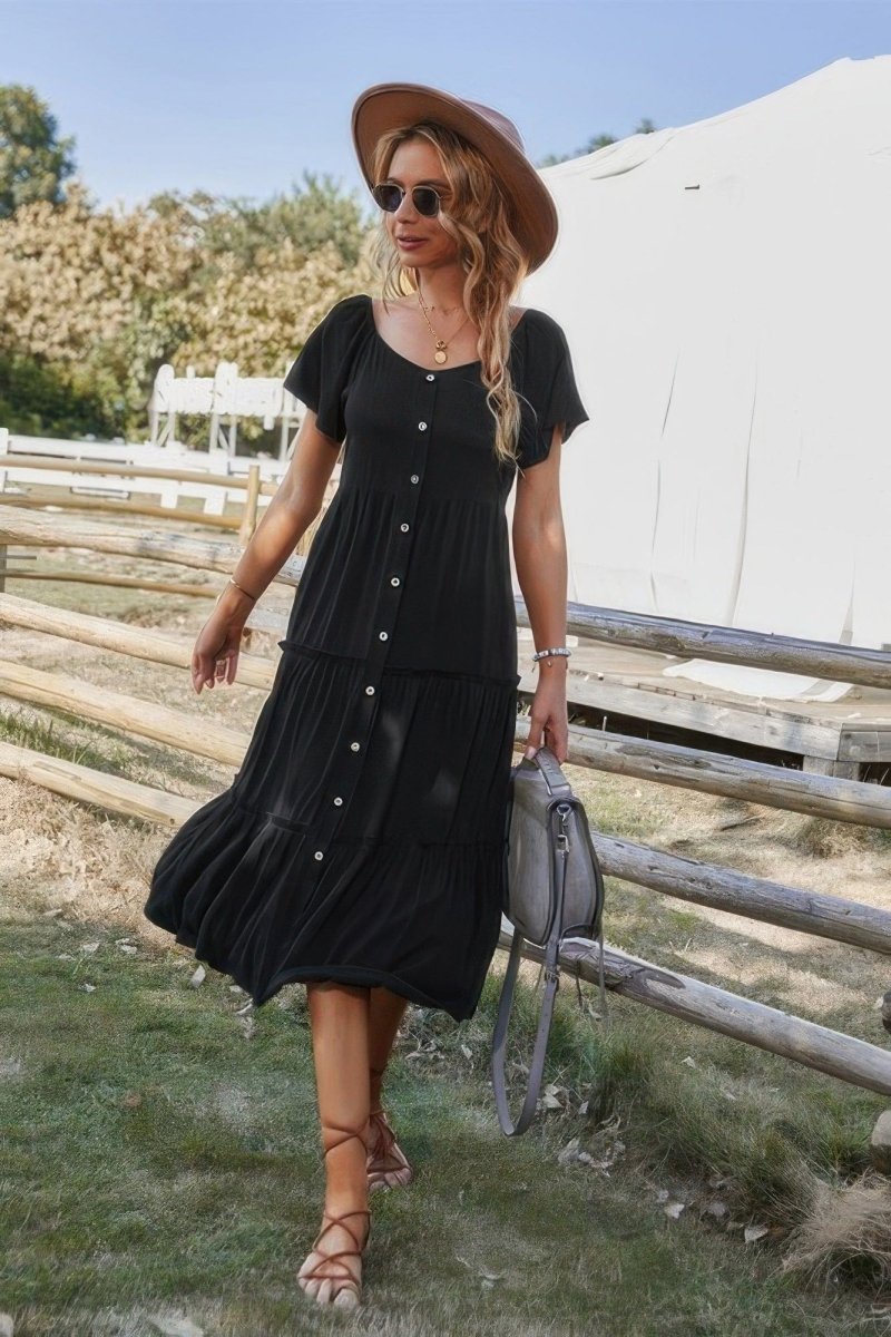 Button V Neck Tiered Short Sleeve Midi Dress - Demented Sisters
