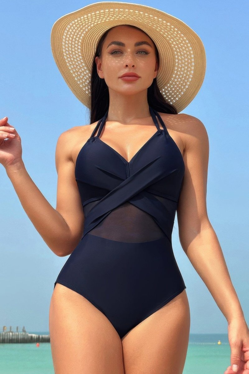 Color Block Halter Swimsuit – Sporty - Chic One - Piece with Cross Lace Detail - Demented Sisters