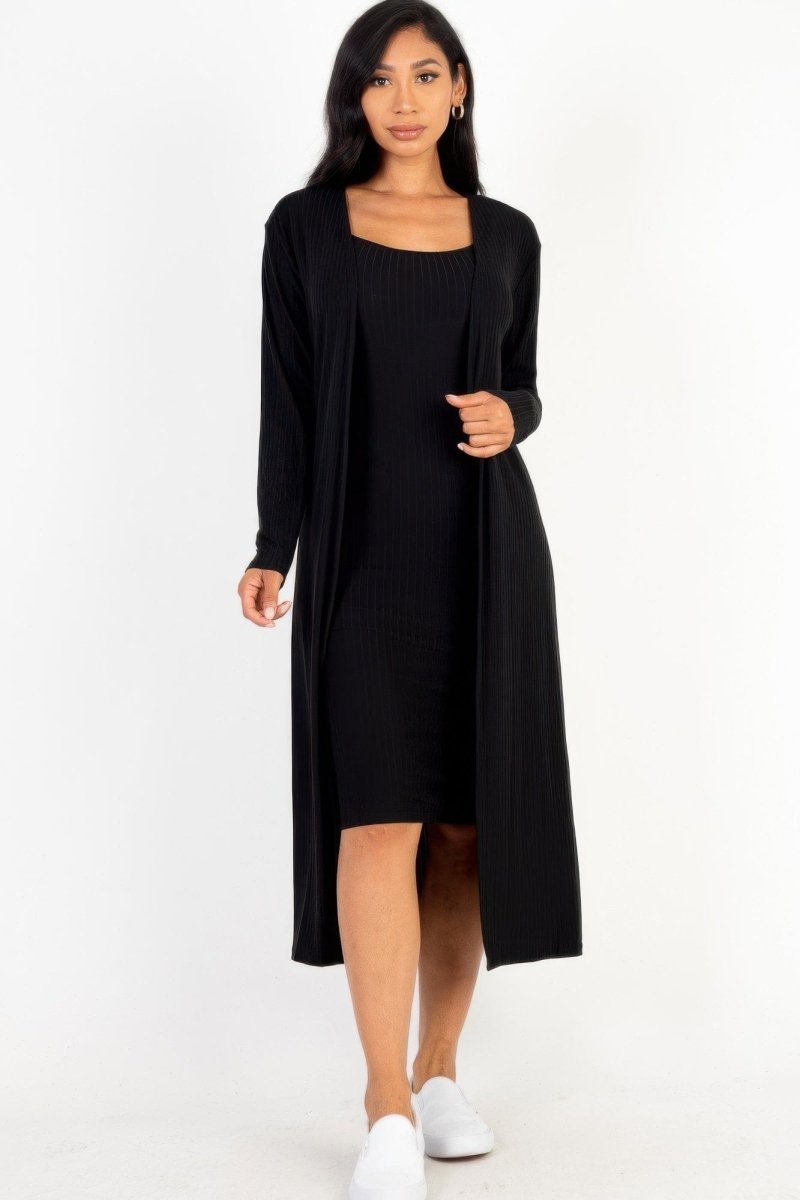 Ribbed Cardigan & Cami Dress Set – 2 - Piece Stretch Midi Bodycon with Soft Knit - Demented Sisters