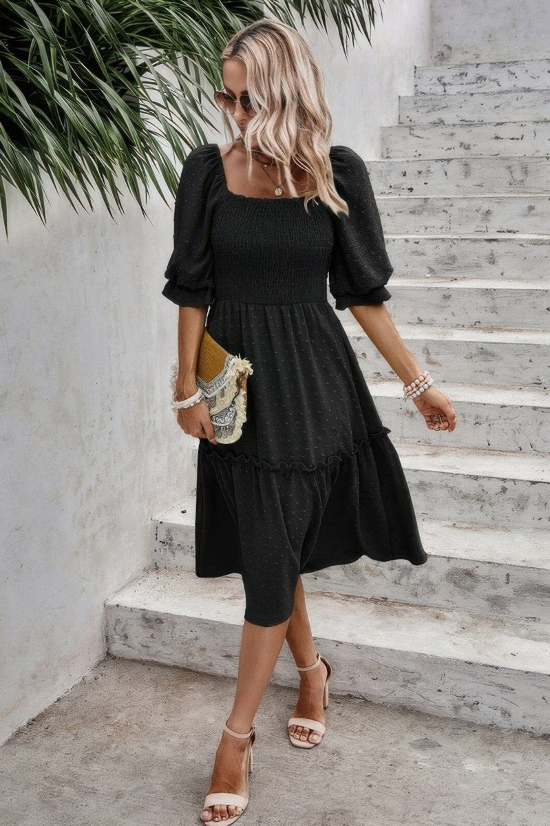 Square Neck Puff Sleeve Ruffle Hem Dress - Demented Sisters