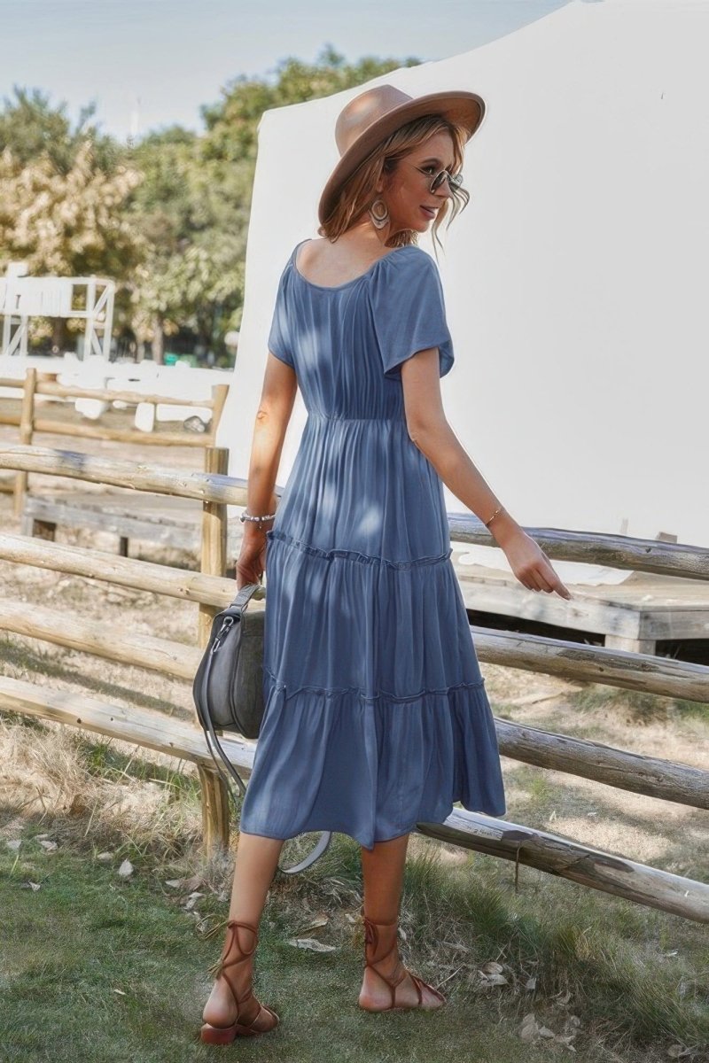 Button V Neck Tiered Short Sleeve Midi Dress - Demented Sisters