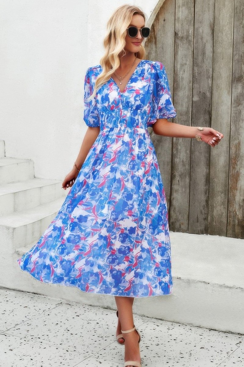 Floral V Neck Puffed Sleeve High Waist Dress - Demented Sisters