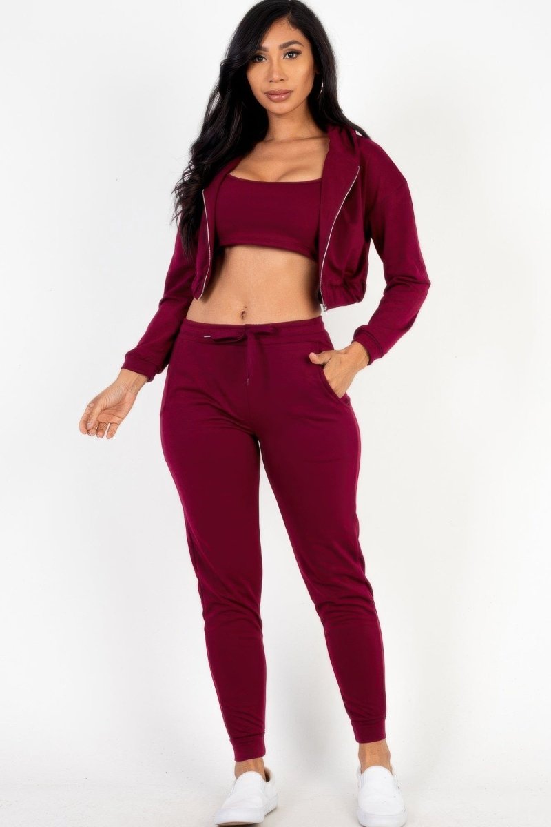 French Terry 3 - Piece Lounge Set with Cropped Cami, Zip Jacket & Joggers - Demented Sisters