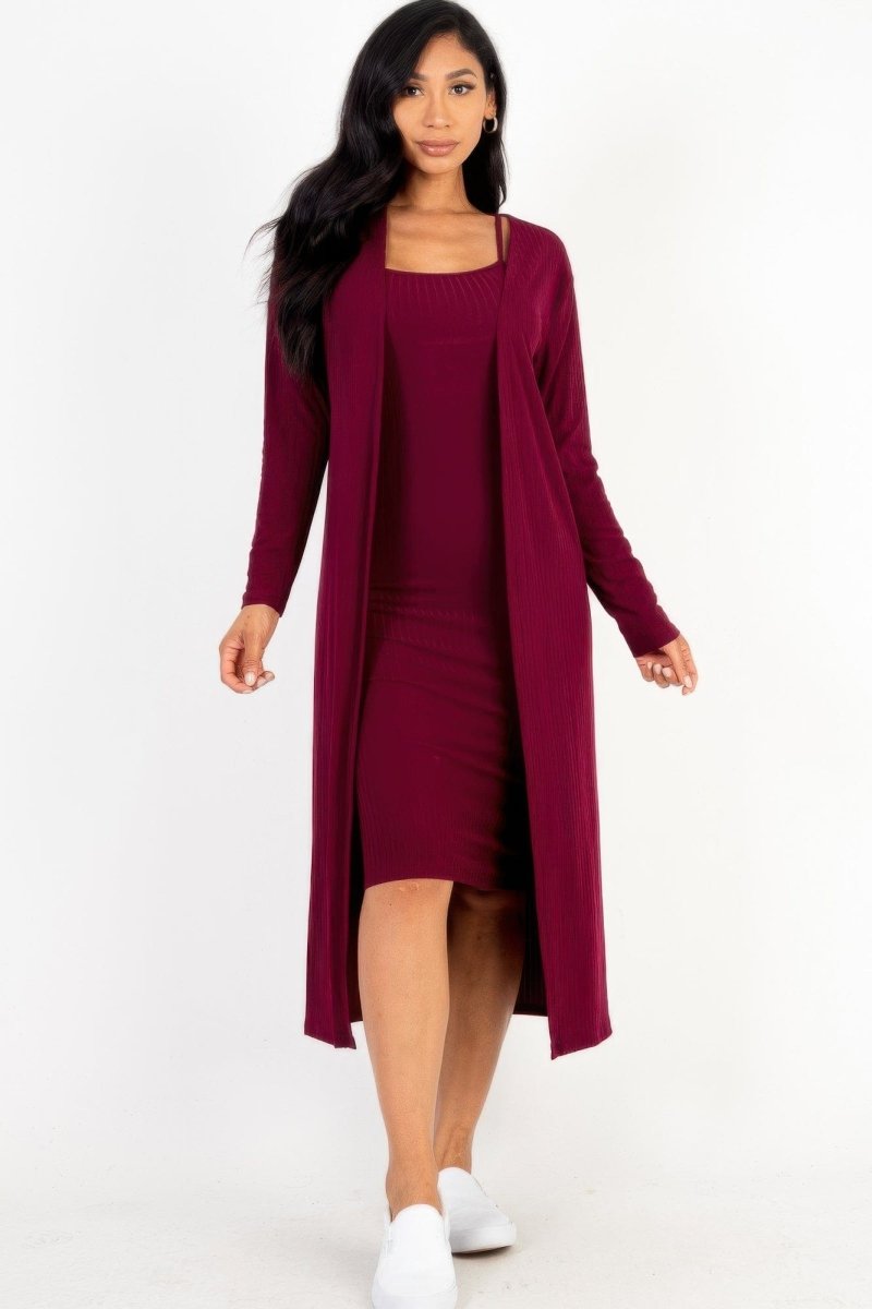Ribbed Cardigan & Cami Dress Set – 2 - Piece Stretch Midi Bodycon with Soft Knit - Demented Sisters
