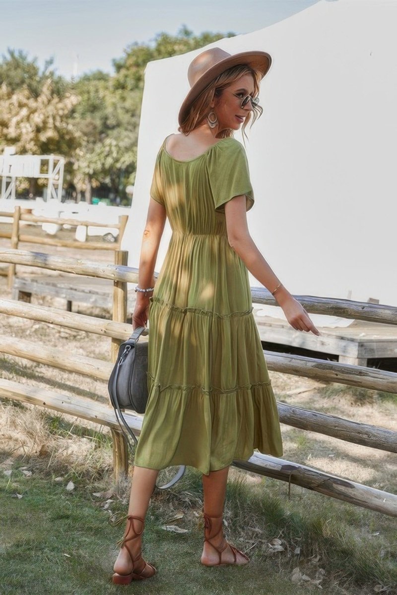 Button V Neck Tiered Short Sleeve Midi Dress - Demented Sisters