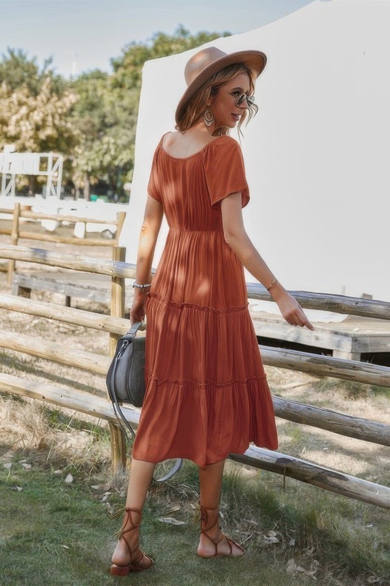 Button V Neck Tiered Short Sleeve Midi Dress - Demented Sisters