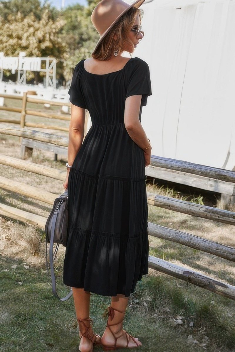 Button V Neck Tiered Short Sleeve Midi Dress - Demented Sisters