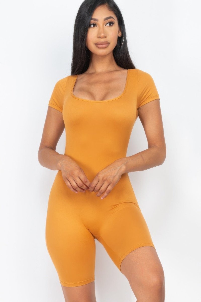 Short Sleeve Scoop Neck Bodycon Romper – Stretchy, Sleek & Curve - Hugging - Demented Sisters