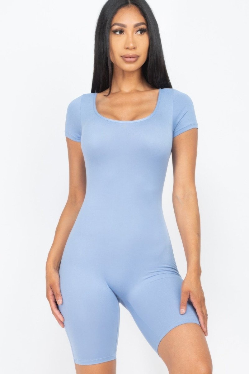 Short Sleeve Scoop Neck Bodycon Romper – Stretchy, Sleek & Curve - Hugging - Demented Sisters