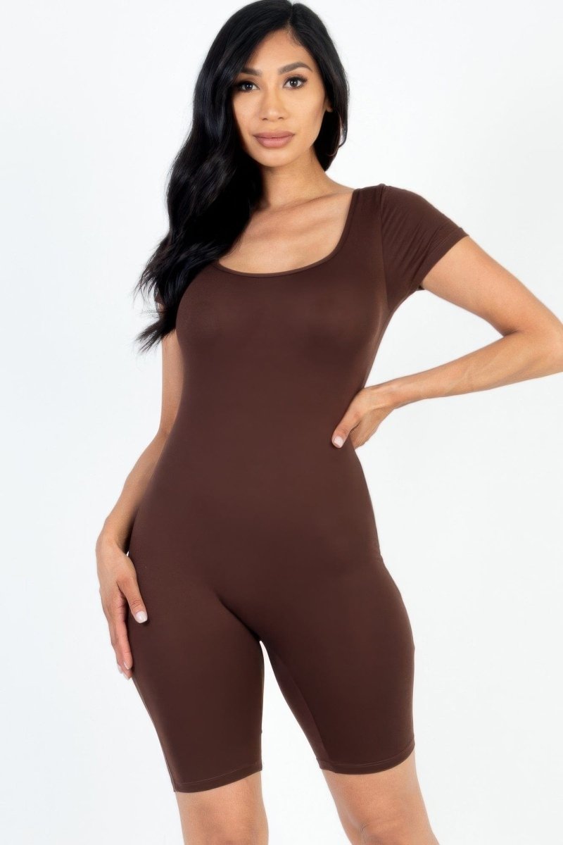 Short Sleeve Scoop Neck Bodycon Romper – Stretchy, Sleek & Curve - Hugging - Demented Sisters