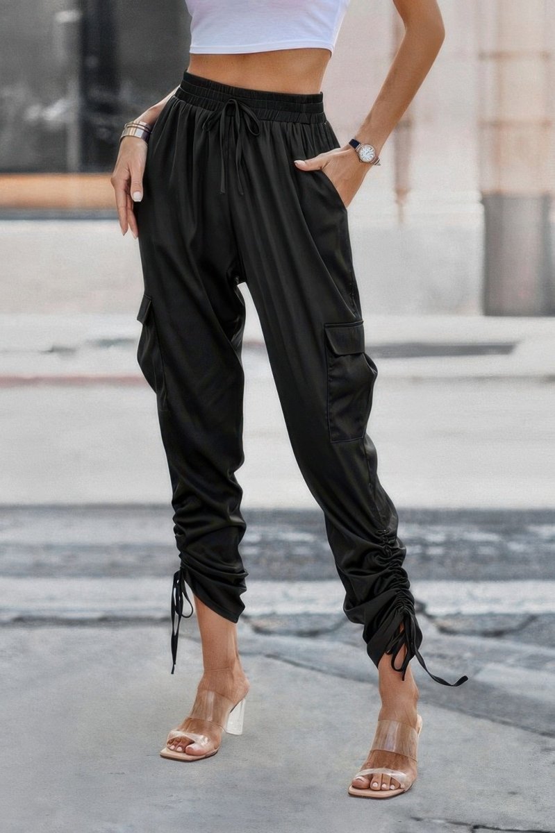 Solid Stacked Hem Pants with Flap Pockets & Drawstring Cuffs - Demented Sisters