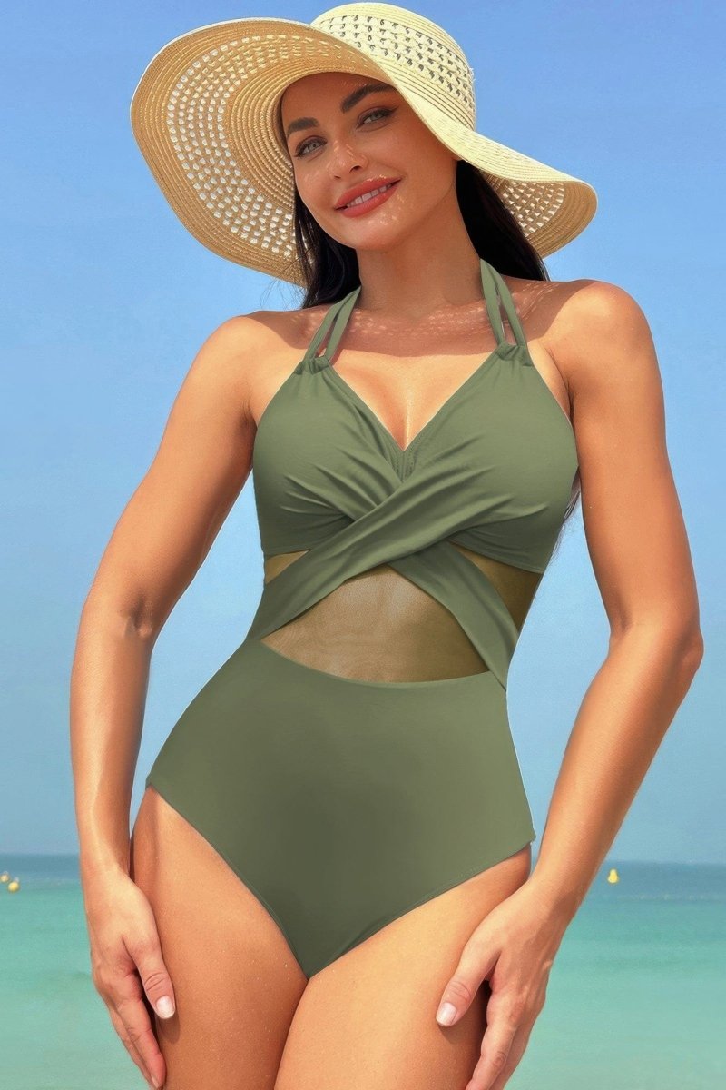 Color Block Halter Swimsuit – Sporty - Chic One - Piece with Cross Lace Detail - Demented Sisters