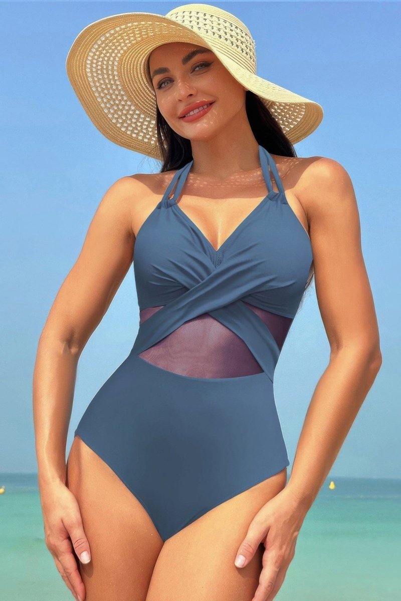 Color Block Halter Swimsuit – Sporty - Chic One - Piece with Cross Lace Detail - Demented Sisters