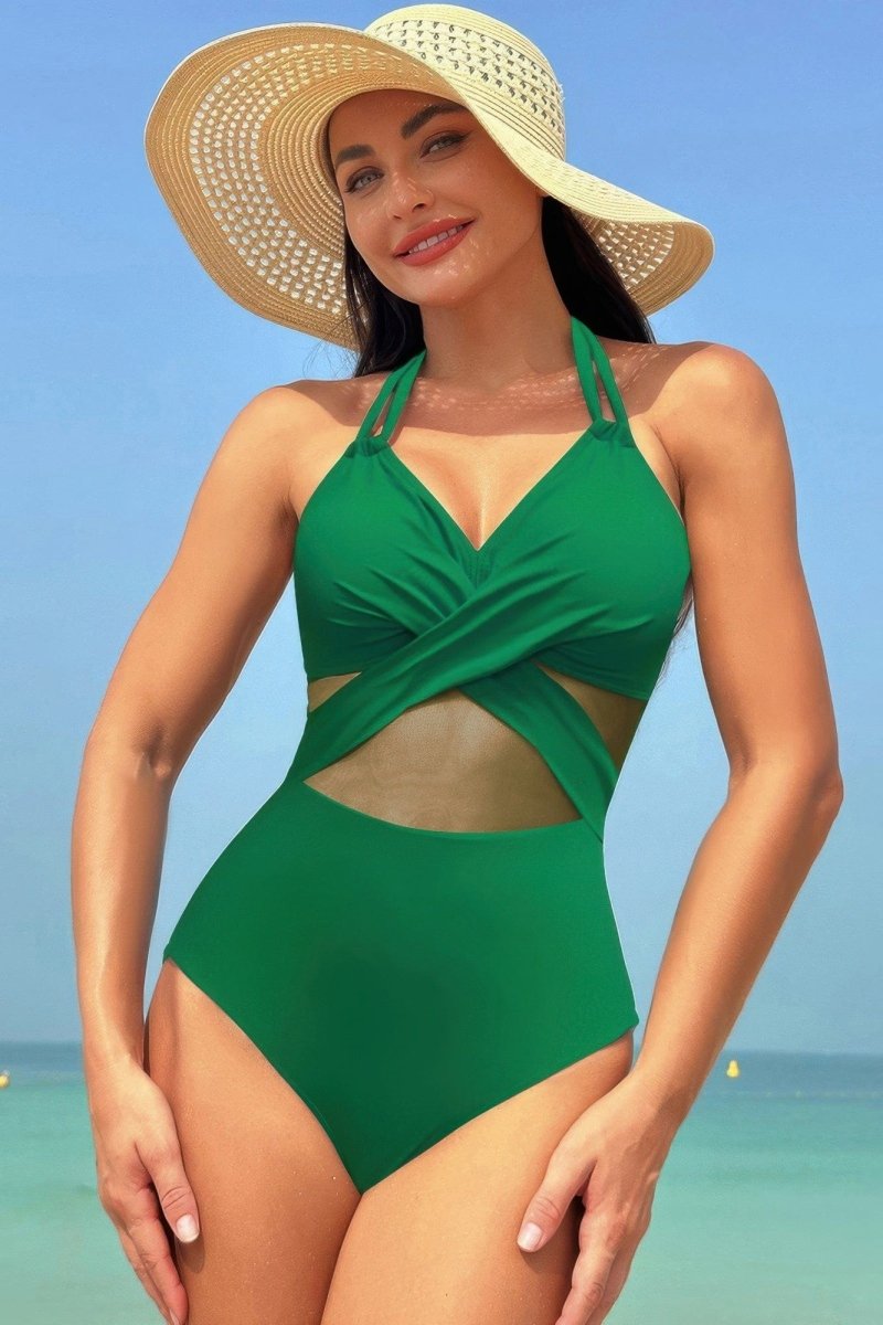 Color Block Halter Swimsuit – Sporty - Chic One - Piece with Cross Lace Detail - Demented Sisters