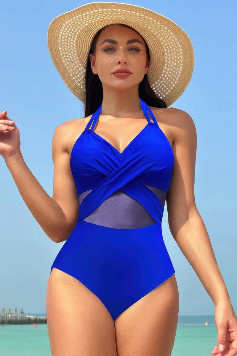 Color Block Halter Swimsuit – Sporty - Chic One - Piece with Cross Lace Detail - Demented Sisters
