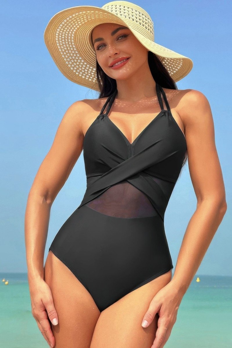Color Block Halter Swimsuit – Sporty - Chic One - Piece with Cross Lace Detail - Demented Sisters