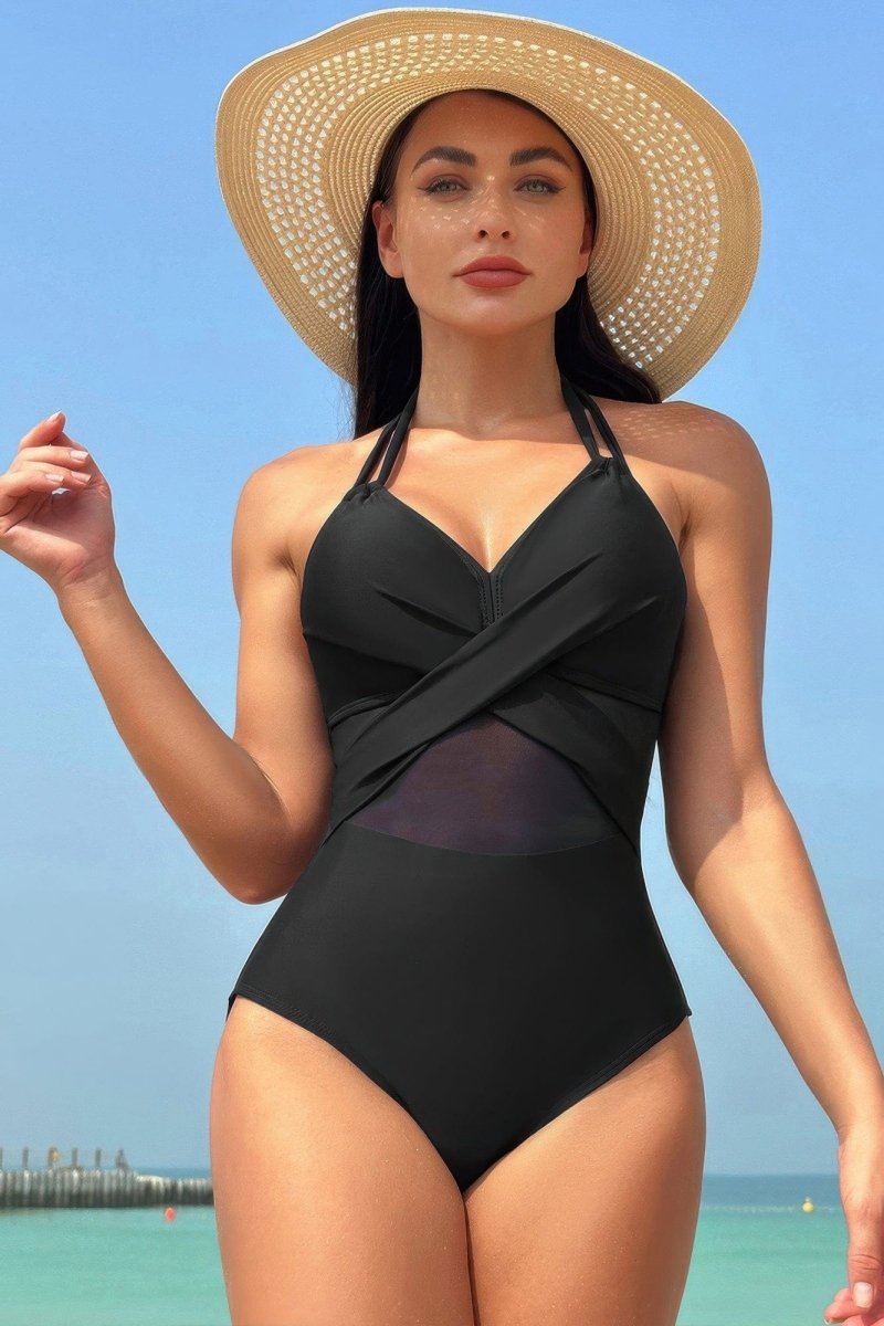 Color Block Halter Swimsuit – Sporty - Chic One - Piece with Cross Lace Detail - Demented Sisters