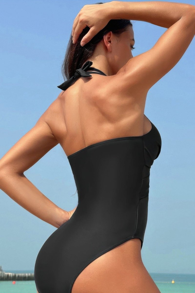 Color Block Halter Swimsuit – Sporty - Chic One - Piece with Cross Lace Detail - Demented Sisters