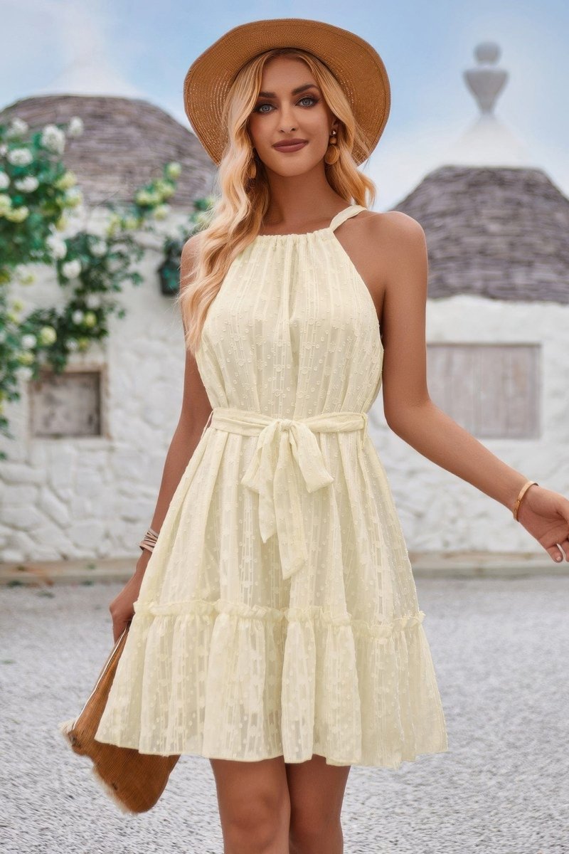 Solid Halter Neck Sleeveless Waist Tie Ruffle Dres - Demented Sisters