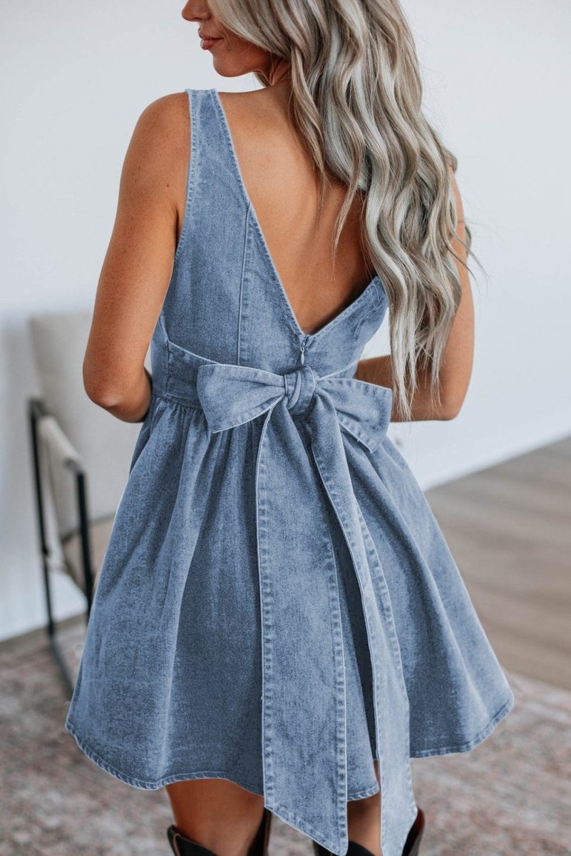Sail Blue Square Neck Bowknot A - line Sleeveless Denim Dress - Demented Sisters