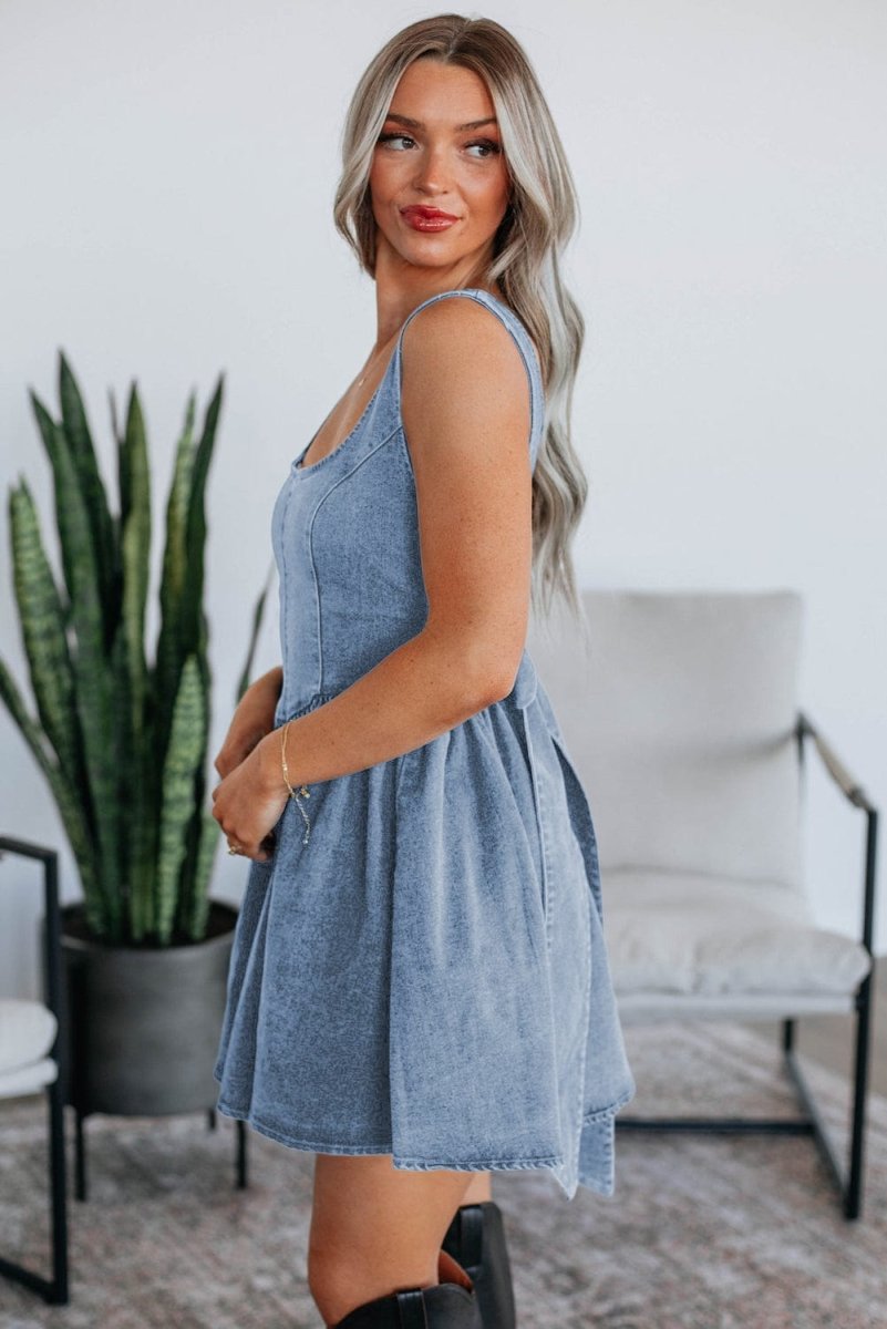Sail Blue Square Neck Bowknot A - line Sleeveless Denim Dress - Demented Sisters