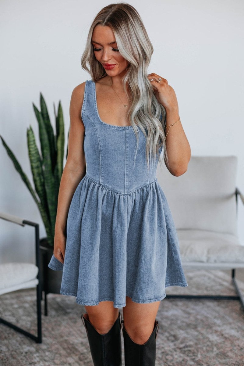 Sail Blue Square Neck Bowknot A - line Sleeveless Denim Dress - Demented Sisters