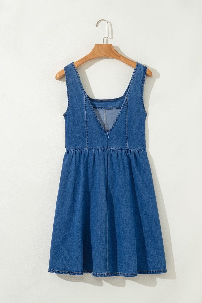 Sail Blue Square Neck Bowknot A - line Sleeveless Denim Dress - Demented Sisters