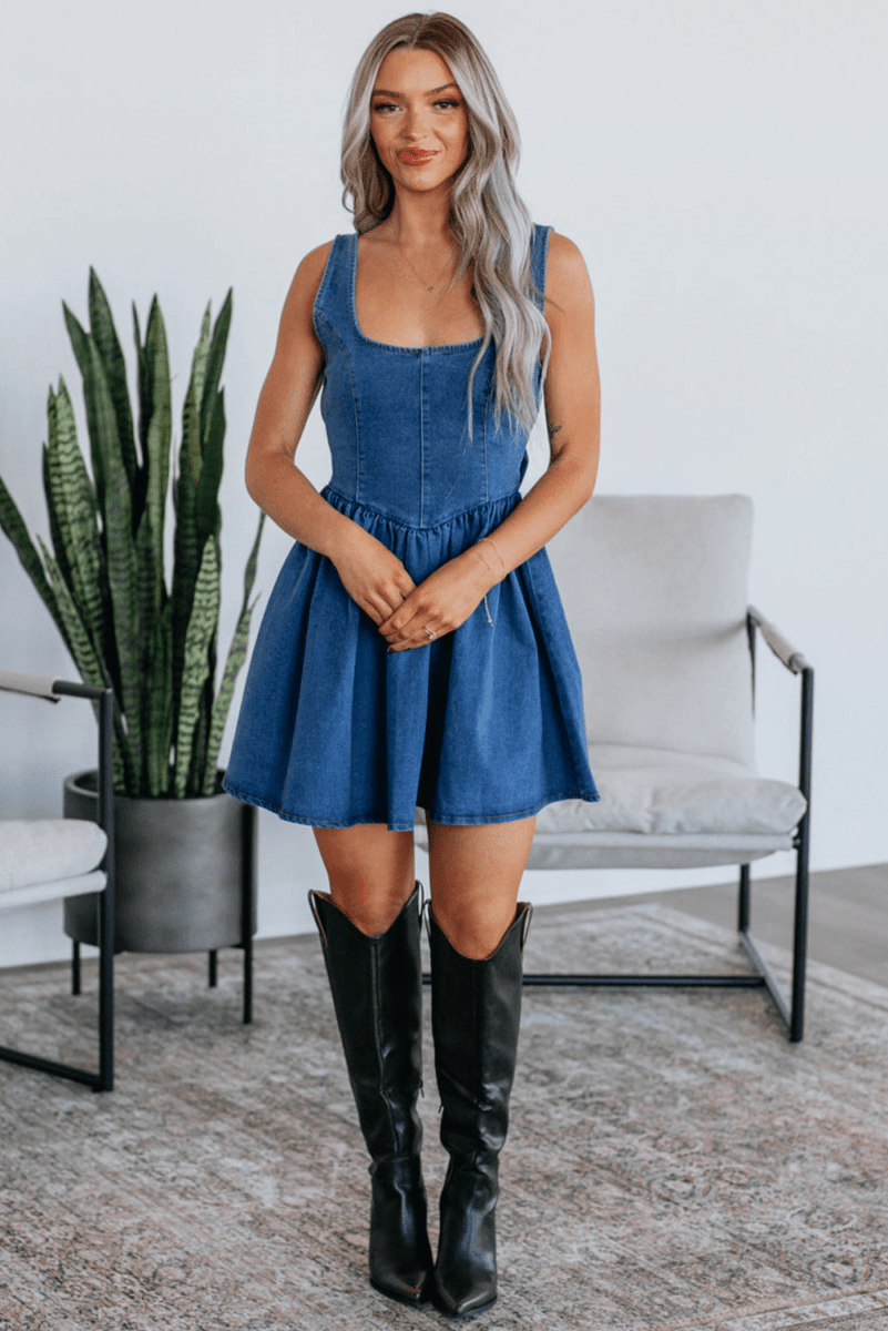 Sail Blue Square Neck Bowknot A - line Sleeveless Denim Dress - Demented Sisters