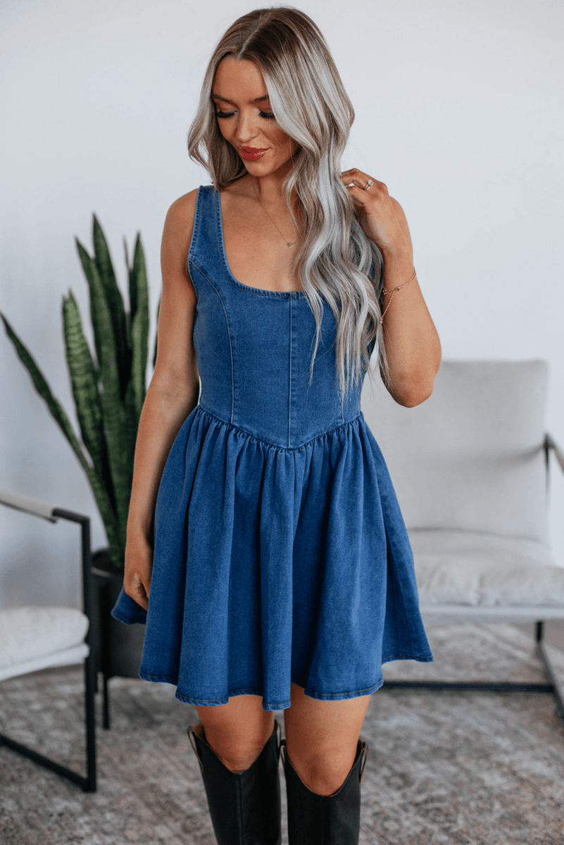 Sail Blue Square Neck Bowknot A - line Sleeveless Denim Dress - Demented Sisters