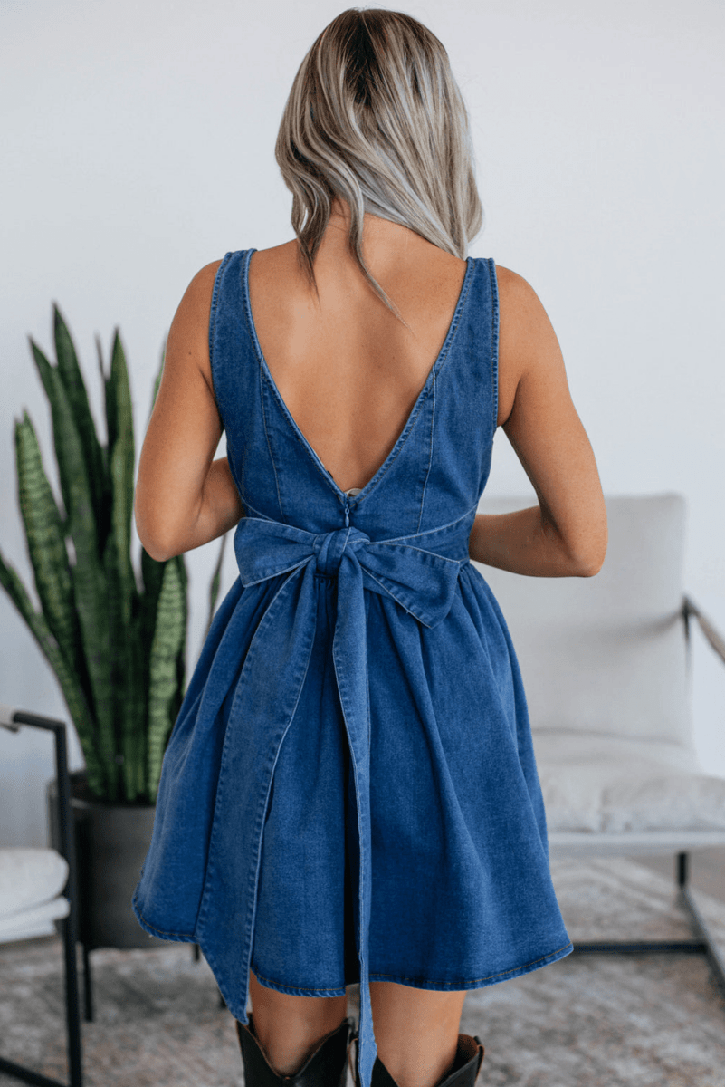 Sail Blue Square Neck Bowknot A - line Sleeveless Denim Dress - Demented Sisters