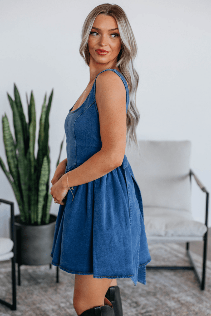 Sail Blue Square Neck Bowknot A - line Sleeveless Denim Dress - Demented Sisters