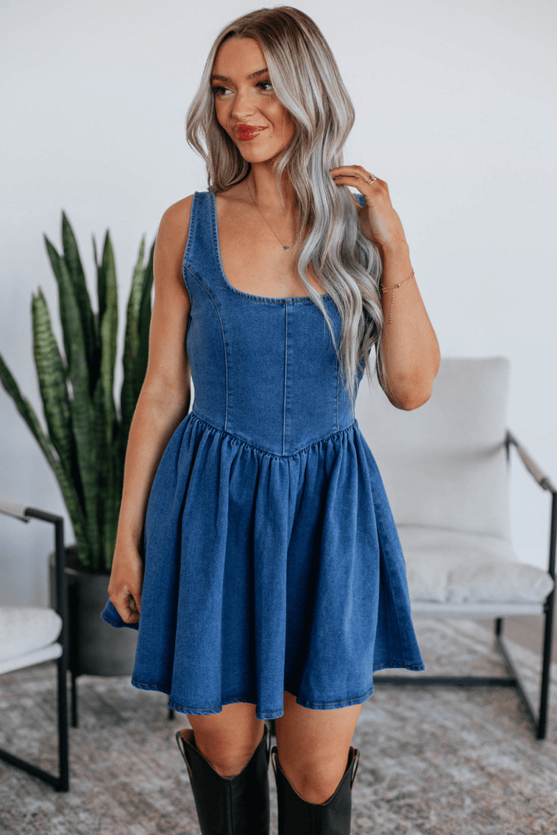 Sail Blue Square Neck Bowknot A - line Sleeveless Denim Dress - Demented Sisters