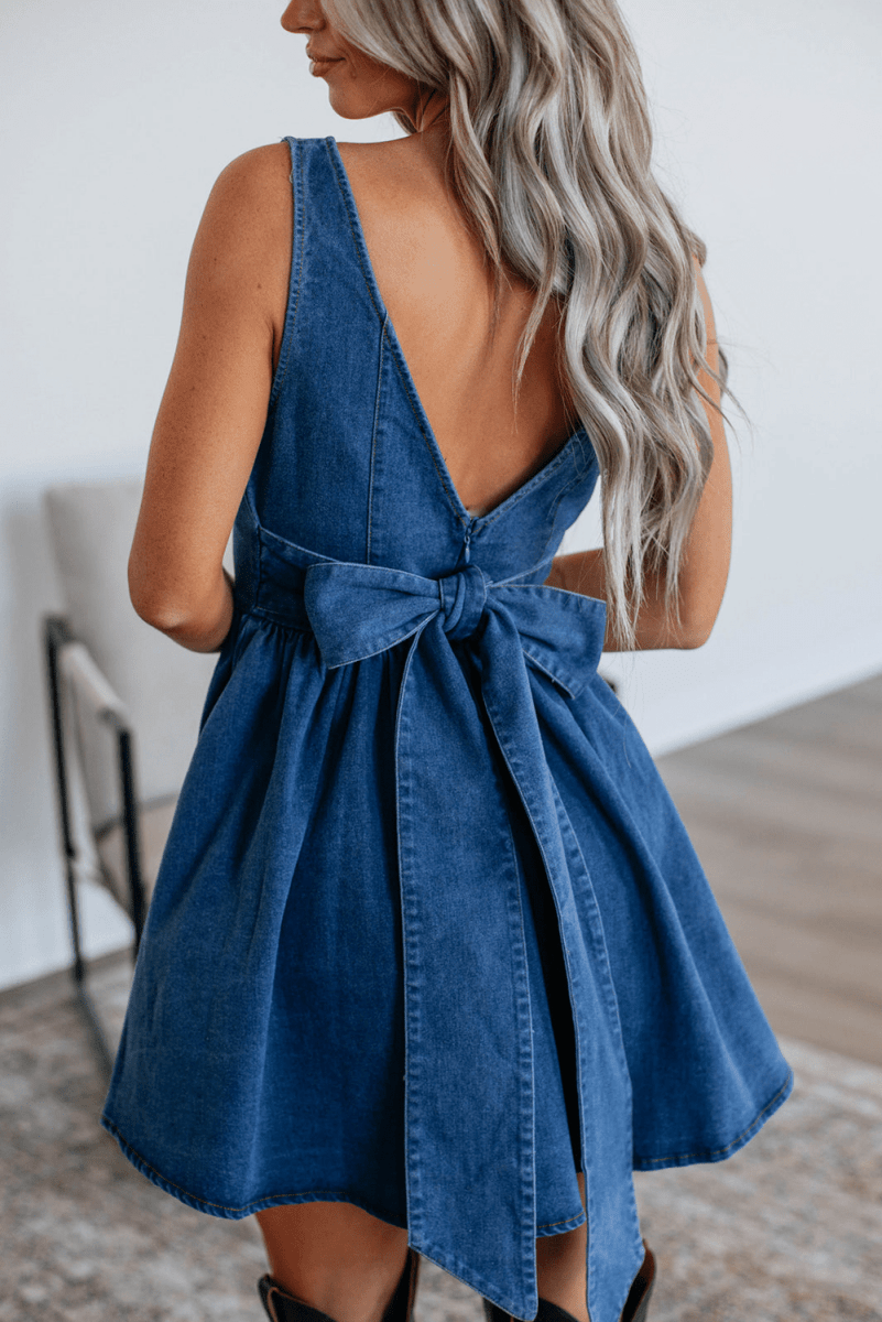 Sail Blue Square Neck Bowknot A - line Sleeveless Denim Dress - Demented Sisters