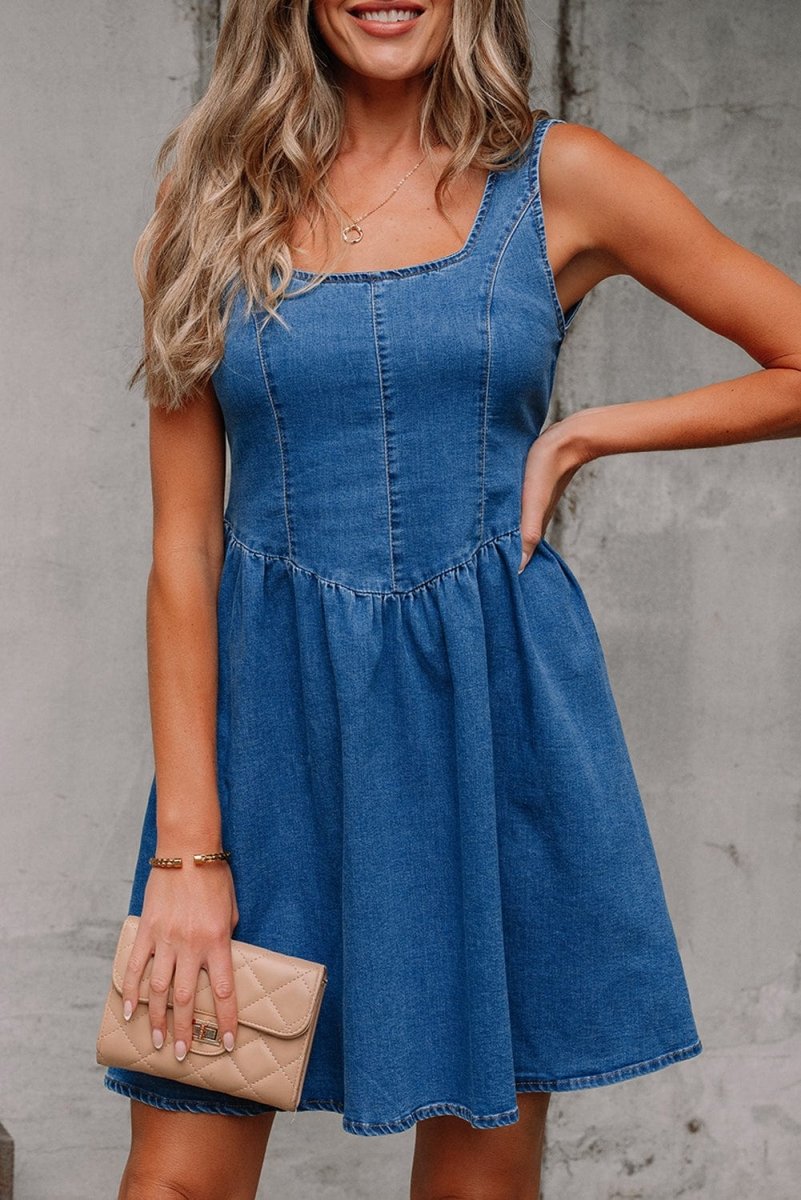 Sail Blue Square Neck Bowknot A - line Sleeveless Denim Dress - Demented Sisters