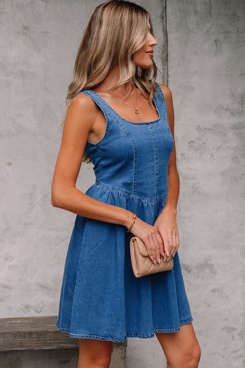 Sail Blue Square Neck Bowknot A - line Sleeveless Denim Dress - Demented Sisters